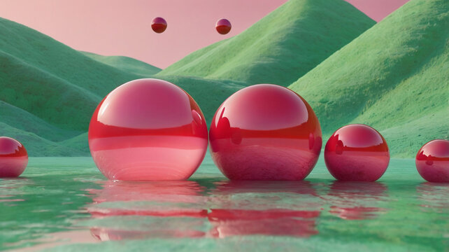 Pink spheres floating on water with green hills image - Powered by Adobe