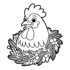 Line art rooster with floral wreath coloring page style 