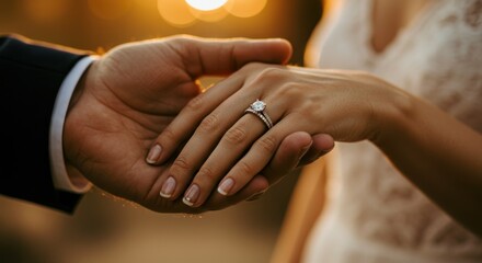 Close-up of hands clasped, revealing a diamond ring on a woman's finger. Soft focus background suggests a sunset, highlighting the couple's embrace