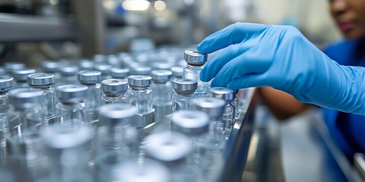 Pharmacist scientist with sanitary gloves examining medical vials on a production line in a pharmaceutical factory, with African American female checking medicine vials in professional, Generative AI