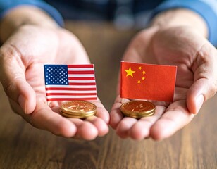 US-China Trade Relations & Economic Dynamics – Flags and Currency on Hands