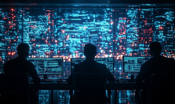 AI cybersecurity threat illustration concept, featuring a diverse team of IT specialists analyzing artificial intelligence data and cybersecurity attacks, with copy space for text, Generative AI