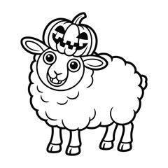 A cartoon sheep wearing a pumpkin on its head outline coloring page 