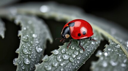 Red ladybug with black spots on a textured leaf covered in water droplets
