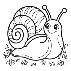 Illustration of a happy snail in black and white outline coloring page 