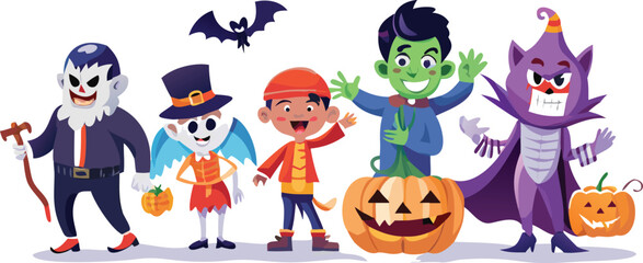 Obraz premium A fun cartoon boy character with a funny hat enjoys trick-or-treat Halloween with a jack-o'-lantern
