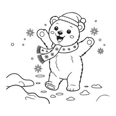 Cartoon bear with hat and scarf in snow coloring page art 