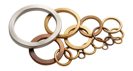 Series of interlocking rings of varying sizes, each with a distinct metallic sheen.