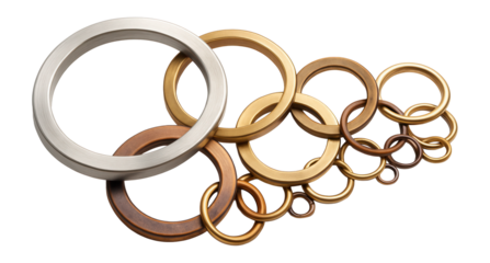 Series of interlocking rings of varying sizes, each with a distinct metallic sheen.
