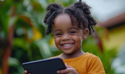 Young black child using a smart tablet, smiling while gaming on an iPad, showcasing the use of AI technology for education and entertainment in a digital age, Generative AI