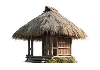 Rustic thatched hut, simple design,  wooden frame,  grassy roof
