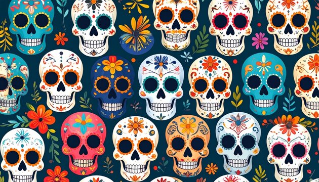 Vibrant Sugar Skull Pattern Design for Day of the Dead mexican pattern - Powered by Adobe