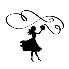 Silhouette of woman holding gift with decorative swirls above  - isolated vector
 