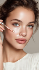 Woman with glowing complexion applies moisturizer from hyaluronic acid, highlighting her skincare routine in a calming, neutral-toned setting that enhances beauty and tranquility, Vertical reels