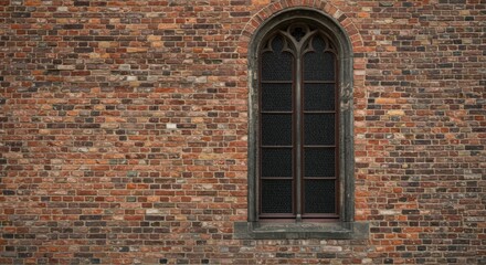 Gothic window framed in stone set within a aged brick wall, filling the shot