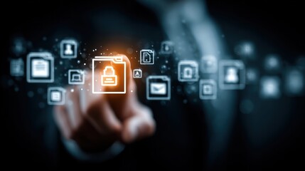 Business files and folders stored in document management system server. Businessman touching file and folder icons