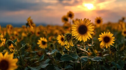 Fototapeta premium Sunflowers at sunset