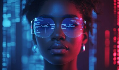 AI cybersecurity threat concept, showcasing a female black African American IT specialist analyzing futuristic data information with holographic visuals, in a blue and red augmented, Generative AI