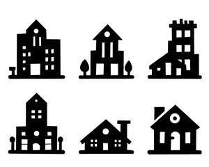 Set of tall building silhouettes. Black and white hotel icons. Vector illustration isolated on a white background.
