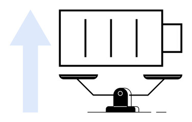 Battery balancing on scale alongside arrow pointing up. Symbolizes energy efficiency, sustainability, growth, innovation, eco-awareness, technology advancement, and decision-making. Simple flat