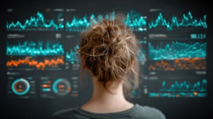 Business professional viewing digital interface displaying ESG and sustainability data on futuristic screen