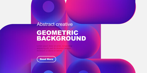 Vibrant abstract geometric background. Purple, pink hues dominate design. Text present, button visible. Modern aesthetic.