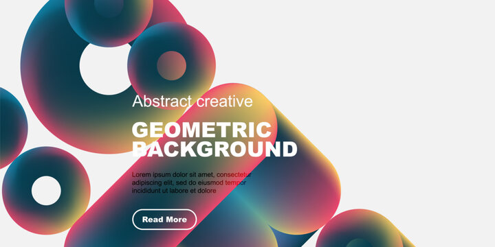 Abstract geometric shapes overlap, creating vibrant colorful background. Text promotes creative design, includes call to action.