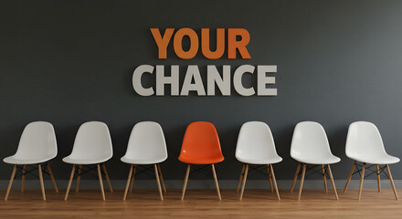 Your chance to stand out. Unique orange chair in a row for a job opportunity or hiring concept.