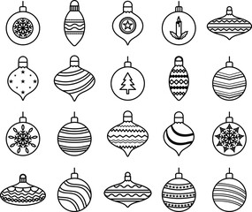 Set of hand-drawn Christmas ornaments in black and white outline style festive holiday baubles with various patterns, perfect for decoration, design templates, cards, and winter themes