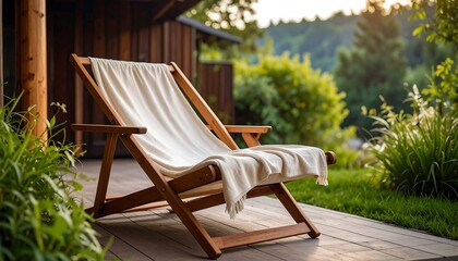 Wooden deck chair with cream blanket, outdoor patio