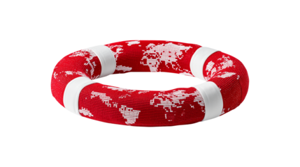 Red and white life ring with world map pattern for maritime safety and global travel