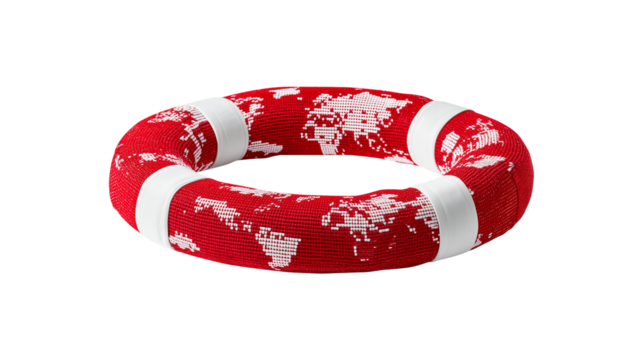 Red and white life ring with world map pattern for maritime safety and global travel