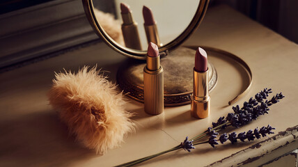 Vintage gold lipsticks feather and lavender sprigs on antique vanity beauty makeup