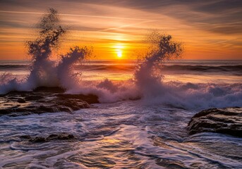 Fototapeta premium Sunrise and sunset scenes over rivers, seas, and oceans capture the stunning natural beauty of water landscapes, from calm waves to dramatic skies