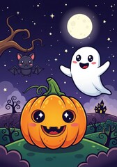 Obraz premium Halloween cartoon vector illustration: pumpkin on the moon with bats and stars, a festive night design