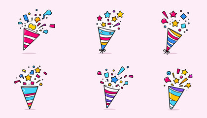 Obraz premium A vibrant collection of hand-drawn party poppers exploding with colorful confetti and stars, perfect for festive celebrations and digital designs.