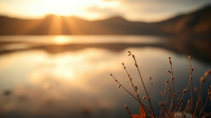 Fototapeta premium Sunburst on water backdrop dried grass foreground