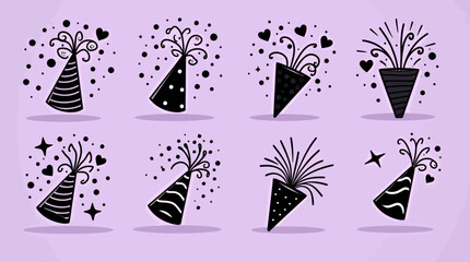 Celebrate with this vector set of eight stylish party hats, bursting with confetti, hearts, and stars; perfect for festive designs, cards, and invitations.  Download in PNG format for seamless