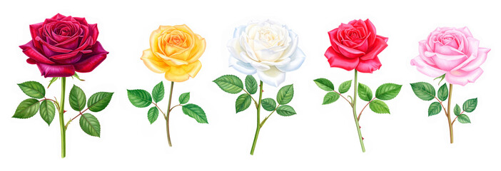 Watercolor Clipart of Flowers on Long Stems Burgundy, Yellow, White, Red, Pink, Roses Isolated on White Background. AI generated. Set of Drawn Elements.