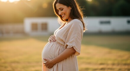 A smiling pregnant woman cradles her belly, bathed in warm sunlight, against a blurred grassy field and a simple building background