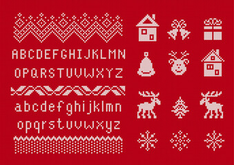Knit seamless ornament. Christmas pattern with snowman, house, gift box, snowflake, trees and alphabet. Fair isle festive Xmas ugly elements. Sweater xmas border. Knitted print. Vector illustration