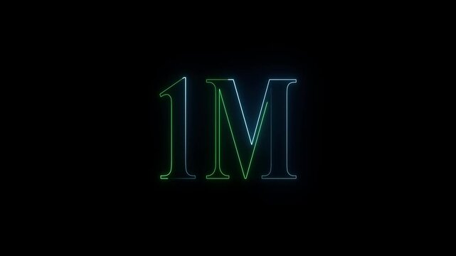 1m one million neon glowing text animation on black background, 1 Million achievement for social media videos animation