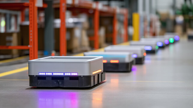 Autonomous AGV Carts Transport Containers on Clean Warehouse Floor