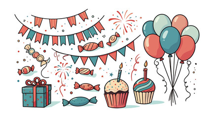 Festive collection of birthday party elements including balloons, cupcakes with candles, gift box, confetti, and colorful bunting flags, perfect for celebrations.