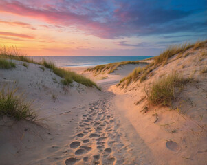 Sandy path through dunes to ocean at sunset beach sand dunes