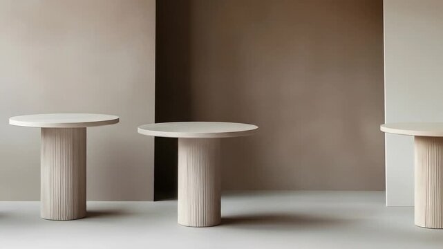 Two minimalist ribbed pedestal tables in a neutraltoned room