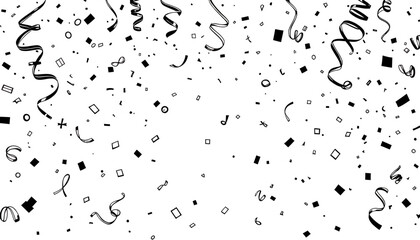 A dynamic shower of black confetti pieces and swirling streamers gracefully falls, creating a festive and celebratory background element for any design project.