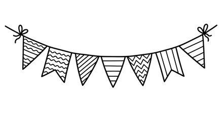 Obraz premium A charming black outline vector illustration features a festive string of patterned party flags, perfect for celebration designs.