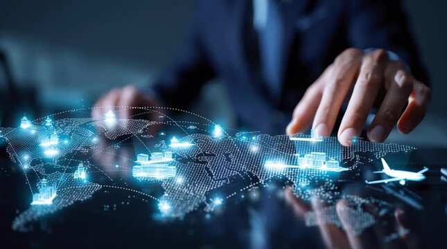 Business professional in a dark modern office analyzing data on a glowing holographic interface. Future of business technology concept.


