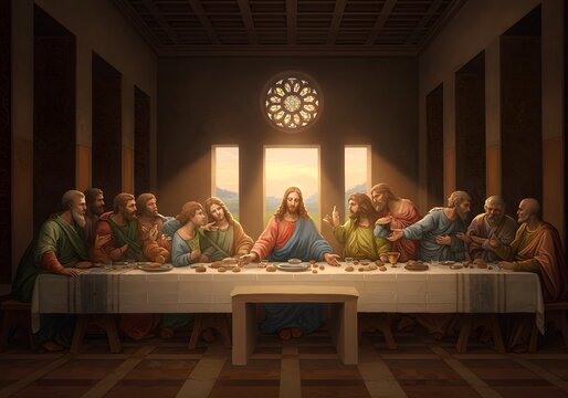 The Last Supper Painting Jesus, Apostles, Table, Food, Religion, Bible Scene, Christian Artwork, Holy Communion.